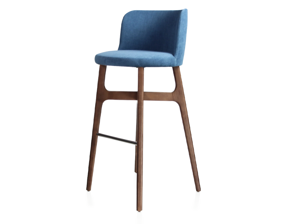 Tabouret de bar h80 cm bois teinte marron foncée assise tissu bleu jeans Tabouret de bar h80 cm bois teinte marron foncée assise tissu bleu jeans