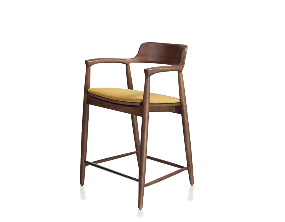 Tabouret de bar h60 cm bois teinte noyer assise tissu jaune Tabouret de bar h60 cm bois teinte noyer assise tissu jaune