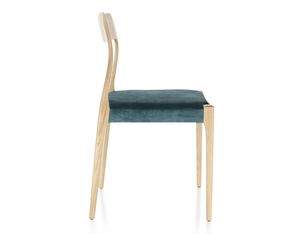 Scandinavian chair natural stained wood, petrol blue velvet seat Scandinavian chair natural stained wood, petrol blue velvet seat