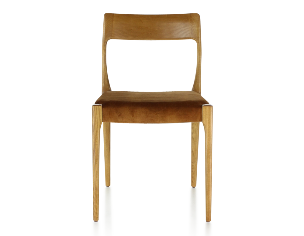 Chaise scandinave bois teinte merisier assise tissu velours bronze Chaise scandinave bois teinte merisier assise tissu velours bronze