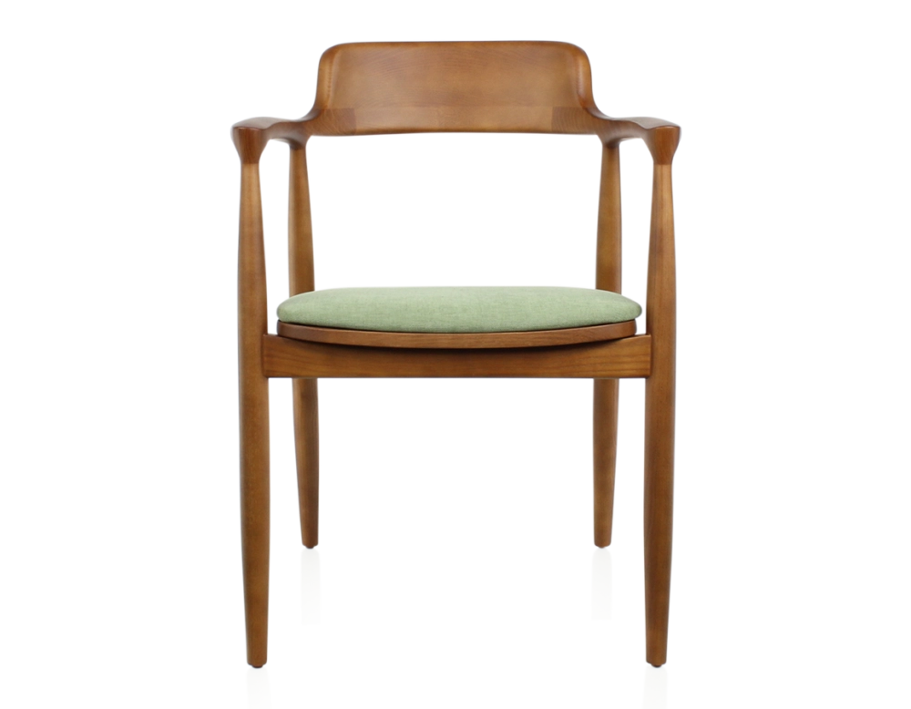 Chaise scandinave bois teinte merisier et tissu vert Chaise scandinave bois teinte merisier et tissu vert