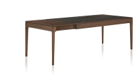 Table extensible 6 à 10 personnes en chêne et céramique allonges bois avec bois teinte marron foncé et plateau céramique effet marbre noir 140x90 cm