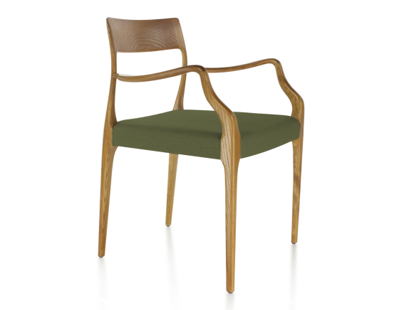 Chaise scandinave avec accoudoirs bois teinte merisier assise tissu vert olive