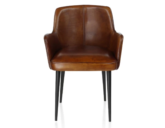 Chaise vintage avec accoudoirs cuir marron vintage - pieds noirs