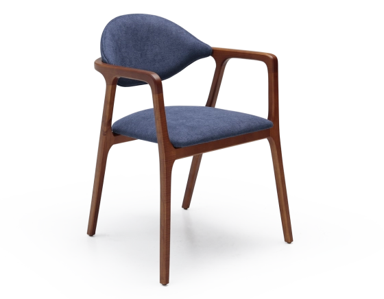 Designer armchair cherry wood stain and ocean blue fabric.