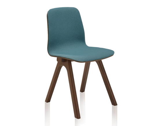 Upholstered oak designer chair dark brown stained wood, ocean blue fabric seat