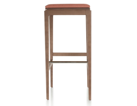 H80 cm designer bar stool walnut-stained wood, coral pink fabric seat