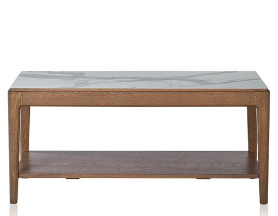 Table basse rectangulaire en chêne et céramique avec tablette en bois teinte noyer plateau céramique effet marbre blanc 100x50 cm