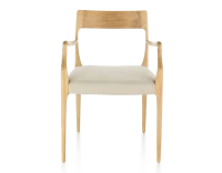 Chaise scandivave avec accoudoirs bois teinte naturelle assise tissu camel