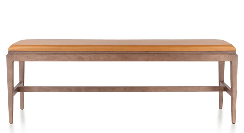 Banc design bois teinte noyer assise cuir caramel L160 cm