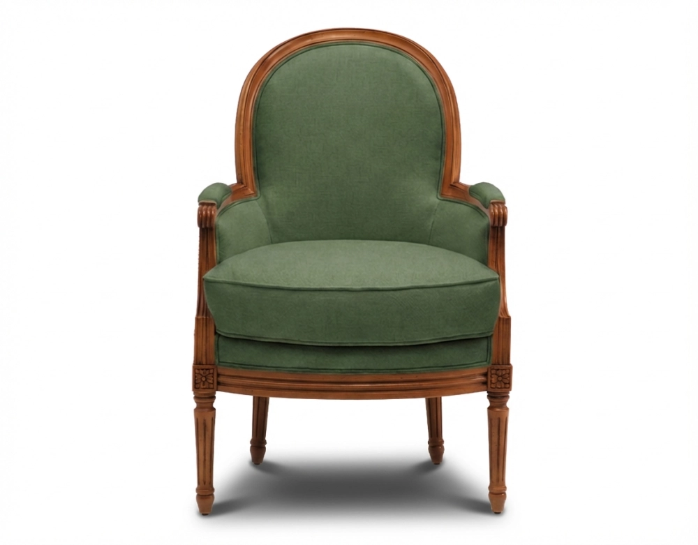 Fauteuil bergère mouluré style Louis XVI bois teinte ancienne et tissu vert foncé