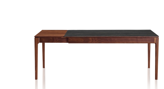 Extending table for 8 to 14 people in walnut and ceramic with wooden extensions with natural stained wood and black marble effect ceramic top 210x100 cm
