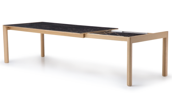 Table extensible 8 à 14 personnes en chêne et céramique allonges céramique bois teinte naturelle et céramique effet marbre noir 210x100 cm
