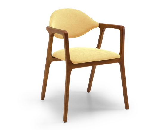 Chaise design avec accoudoirs bois teinte merisier et tissu jaune