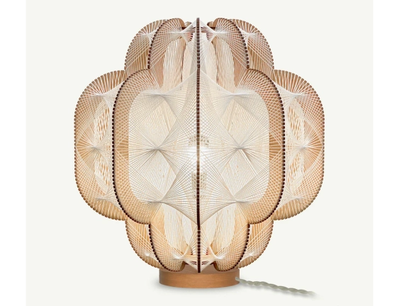 Wooden base lamp with crossed braided cotton wire.