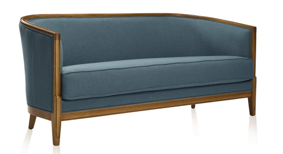 Antique 3 seater sofa with moulded armrests antique stained wood and ocean blue fabric