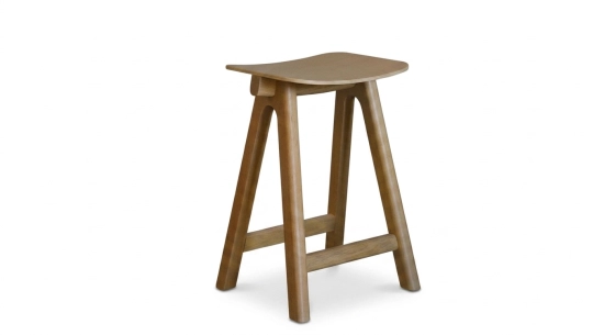 Design bar stool H65 cm natural wood finish with blue fabric seat