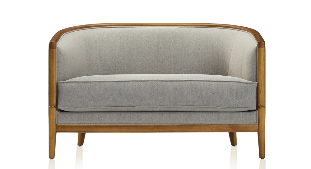 Canapé ancien 2 places bois teinte meriser et tissu gris clair Canapé ancien 2 places bois teinte meriser et tissu gris clair