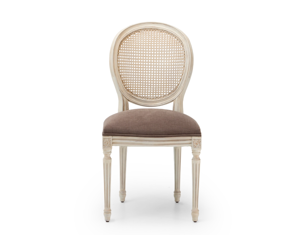 Louis XVI style antique chair white cerused wood with cane backrest and taupe fabric seat. Louis XVI style antique chair white cerused wood with cane backrest and taupe fabric seat.