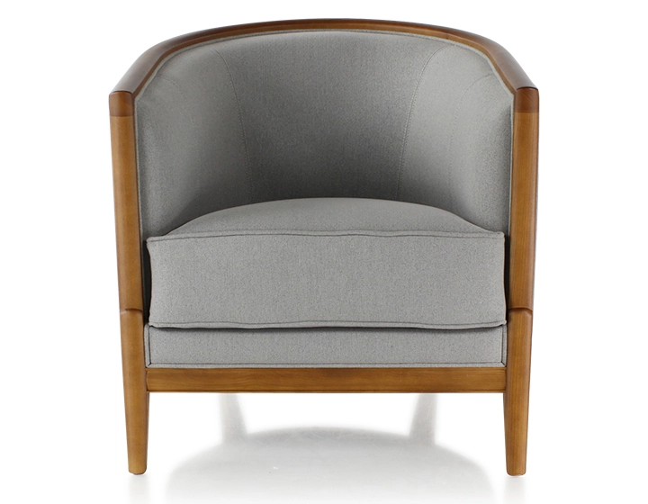 Fauteuil ancien bois teinte merisier et tissu gris clair Fauteuil ancien bois teinte merisier et tissu gris clair