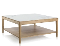 Square coffee table in oak and ceramic with shelf in natural stained wood, white marble effect ceramic top 100x100 cm Square coffee table in oak and ceramic with shelf in natural stained wood, white marble effect ceramic top 100x100 cm