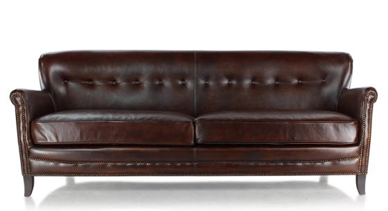 Canapé club cuir 3 places marron soutenu accoudoirs cloutés