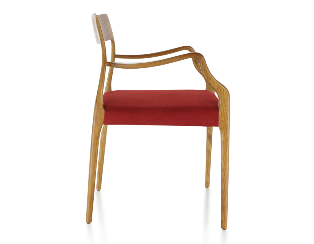 Scandinavian armchair with armrests cherry wood stain burgundy fabric seat Scandinavian armchair with armrests cherry wood stain burgundy fabric seat