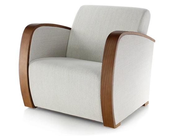 Fauteuil design bois teinte merisier et tissu beige naturel