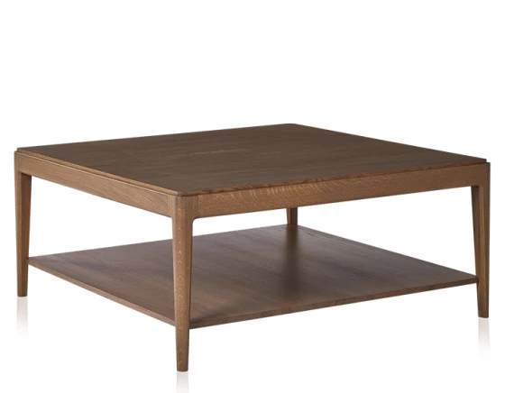 Table basse carrée en chêne teinte noyer avec tablette 100x100 cm