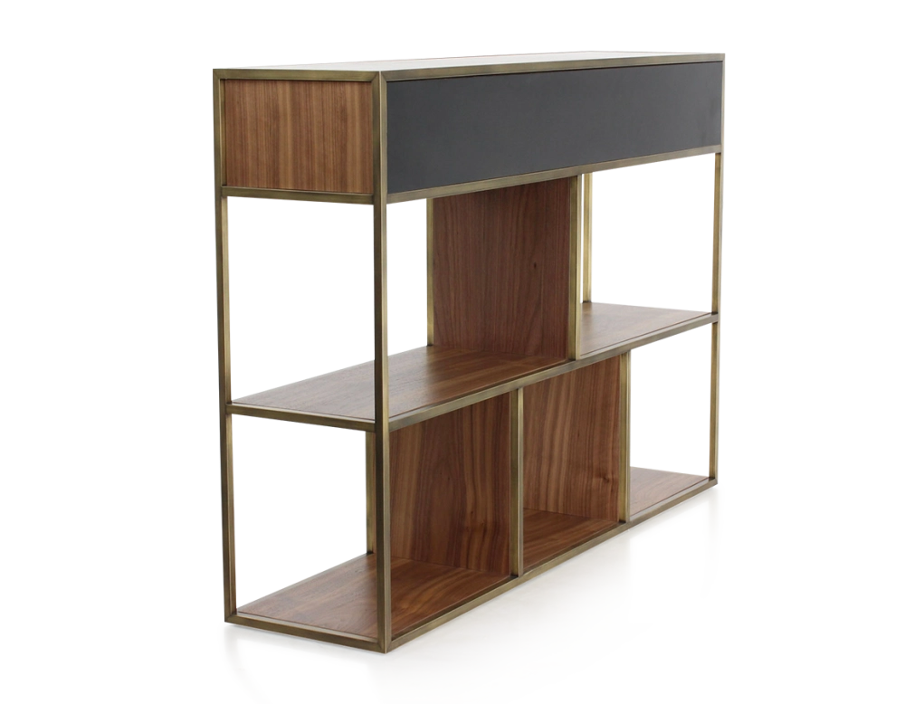 Console design noyer teinte naturelle et métal patine laiton Console design noyer teinte naturelle et métal patine laiton