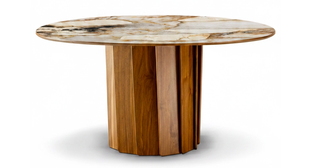 Table salle à manger ronde 6 personnes en noyer et céramique teinte naturelle plateau patagonia 120 cm