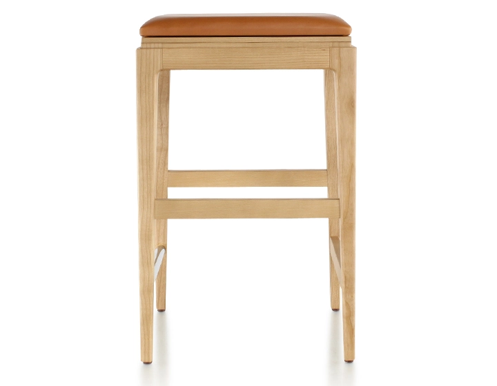 H60 cm designer bar stool natural tint wood, caramel leather seat H60 cm designer bar stool natural tint wood, caramel leather seat