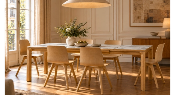 Table extensible 6 à 8 personnes en chêne et céramique allonges céramique avec bois teinte naturelle et plateau et allonge céramique effet marbre blanc 140x90 cm