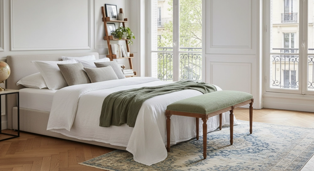 Banquette ancienne style Louis XVI bois teinte ancienne et tissu chiné vert Banquette ancienne style Louis XVI bois teinte ancienne et tissu chiné vert