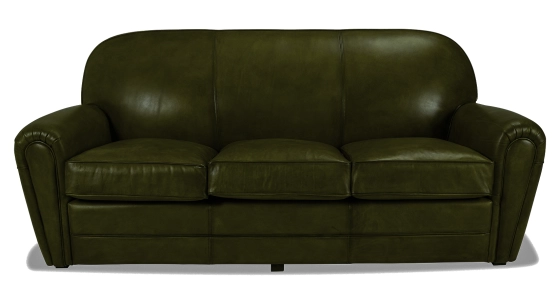 Canapé club cuir 3 places vert olive accoudoirs cloutés