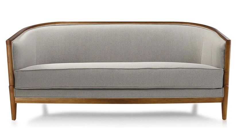 Canapé ancien 3 places bois teinte merisier et tissu gris clair Canapé ancien 3 places bois teinte merisier et tissu gris clair