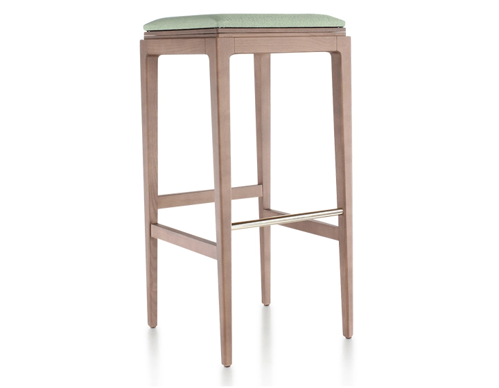 H80 cm designer bar stool walnut-stained wood, sage green fabric seat H80 cm designer bar stool walnut-stained wood, sage green fabric seat