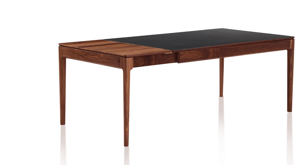 Table extensible 8 à 12 personnes en noyer et céramique allonges bois avec bois teinte naturelle et plateau céramique noir unie 160x100 cm Table extensible 8 à 12 personnes en noyer et céramique allonges bois avec bois teinte naturelle et plateau céramique noir unie 160x100 cm