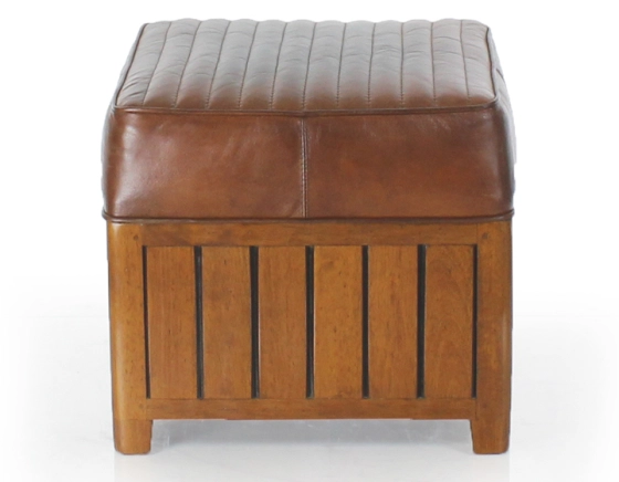 Pouf carré bois et cuir marron vintage