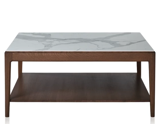 Table basse carrée en chêne et céramique avec tablette en bois teinte marron foncé plateau céramique effet marbre blanc 100x100 cm