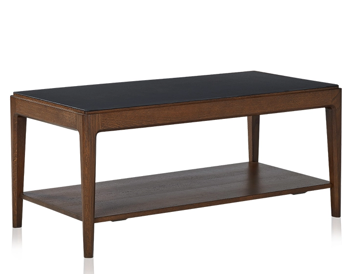 Table basse rectangulaire en chêne et céramique avec tablette en bois teinte marron foncé plateau céramique noir unie 100x50 cm Table basse rectangulaire en chêne et céramique avec tablette en bois teinte marron foncé plateau céramique noir unie 100x50 cm