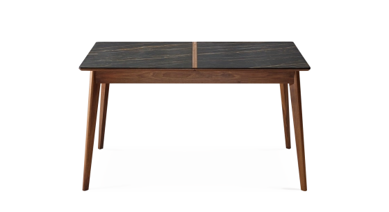 Table salle à manger en noyer et céramique 8 personnes avec bois teinte naturelle et plateau céramique effet marbre noir 180x100 cm