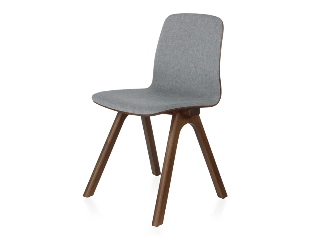Upholstered oak designer chair dark brown stained wood, light grey fabric seat Upholstered oak designer chair dark brown stained wood, light grey fabric seat