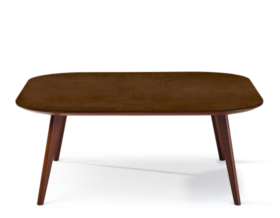Table basse carré aux angles arrondis F2 plateau céramique bois teinte marron foncé plateau céramique effet rouille 90x90x30 cm