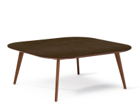 Table basse carré aux angles arrondis F2 en noyer et céramique bois teinte naturelle plateau céramique brun oxydé 120x120x40 cm