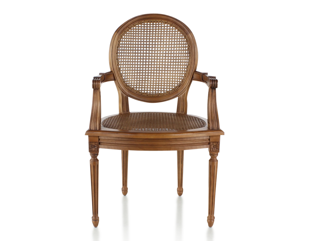 Chaise ancienne style Louis XVI avec accoudoirs bois teinte ancienne assise et dossier cannés Chaise ancienne style Louis XVI avec accoudoirs bois teinte ancienne assise et dossier cannés