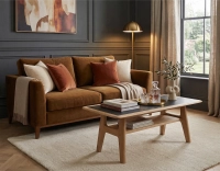 Rectangular coffee table in oak and ceramic with natural stained wood, slate effect ceramic top 100x50 cm