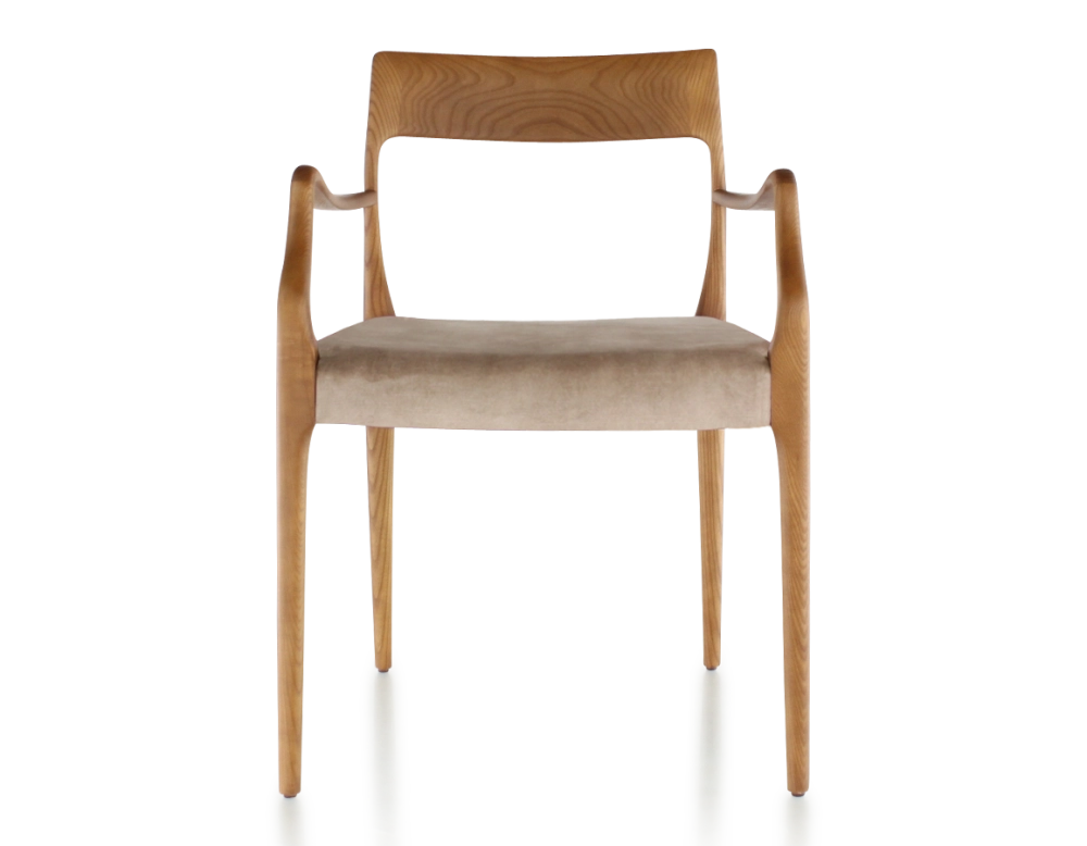 Scandinavian armchair with armrests cherry-stained wood, light taupe velvet seat Scandinavian armchair with armrests cherry-stained wood, light taupe velvet seat