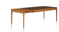 Table extensible 8 à 14 personnes en chêne et céramique allonges bois avec bois teinte merisier et plateau céramique brun oxydé 210x100 cm