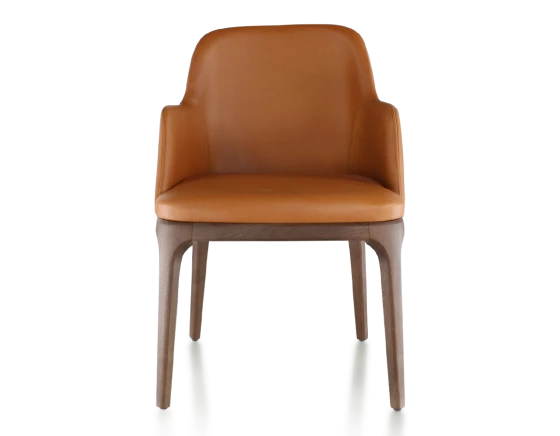 Chaise design avec accoudoirs teinte marron foncé et cuir caramel